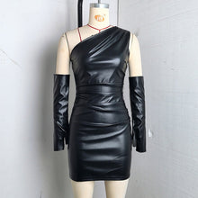 Load image into Gallery viewer, Faux Leather Dress Street Hipster Women Clothing Diagonal Collar Sleeveless Oversleeve Tight Waist Sheath Dress