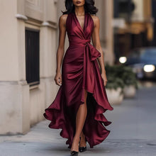 Load image into Gallery viewer, Satin Deep V Plunge neck Sleeveless Waist Trimming Ruffles Elegant Dress for Women