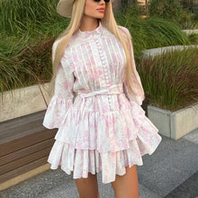 Load image into Gallery viewer, French Short Print Elegant Dress for Women Stand up Collar Flared Sleeves Single Breasted Lace up A line Dress