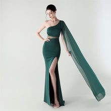 Load image into Gallery viewer, Single Shoulder Crossbody Stitching Mesh Design Satin Slim Cocktail Dress Evening Dress