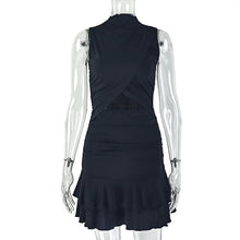 Load image into Gallery viewer, Solid Color Women Pleated Waist Tight A line Dress round Neck Cut out Ruffled Short Dress