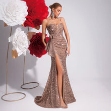 Load image into Gallery viewer, Champagne Sequin Sling Evening Dress Slim Fit Slit Cocktail Host Annual Party Party Light Luxury Fishtail Dress