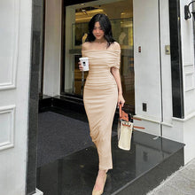 Load image into Gallery viewer, Spring Off Shoulder Pleated Dress Slim Fit Slimming Slit Bottoming Formal Dress