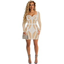 Load image into Gallery viewer, Nightclub Rhinestone Mesh See through Wrapped Chest Long Sleeve Midi Dress