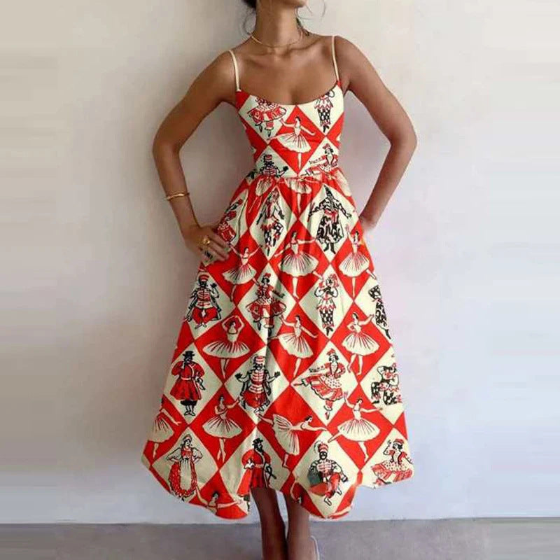 Spring Women Clothing Printing Pleated Waist Tight Large Swing Sling Dress