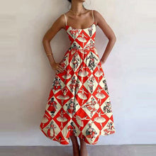 Load image into Gallery viewer, Spring Women Clothing Printing Pleated Waist Tight Large Swing Sling Dress