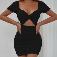 Load image into Gallery viewer, Women Clothing Sexy Hollowed out Pleated Puff Sleeve Sheath Dress