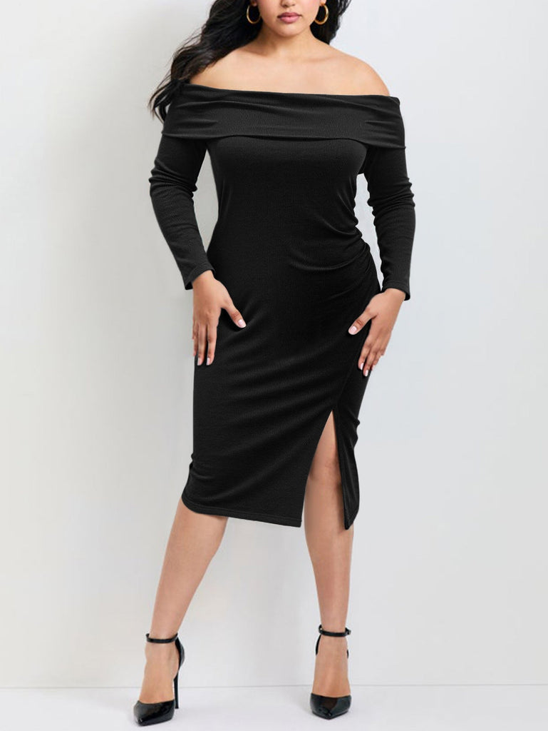 Plus Size Women Clothes Autumn French Sexy Strapless Long Sleeve Slim Fit Slimming Knitted Sheath Split Dress