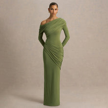 Load image into Gallery viewer, Women Clothing Autumn Winter Solid Color Elegant Slim Fit Asymmetric Neckline Pleated Dress