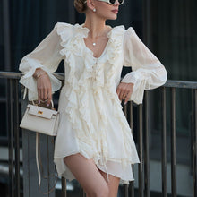 Load image into Gallery viewer, Fall French Design Ruffled Tied Dress Women V Neck Long Sleeve A Line Dress