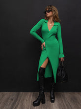 Load image into Gallery viewer, Split Strap Thread Knitted Dress Mid Length Autumn Winter Polo Collar Long Sleeve Sexy Tight Dress