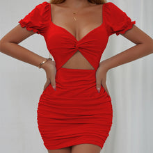 Load image into Gallery viewer, Women Clothing Sexy Hollowed out Pleated Puff Sleeve Sheath Dress
