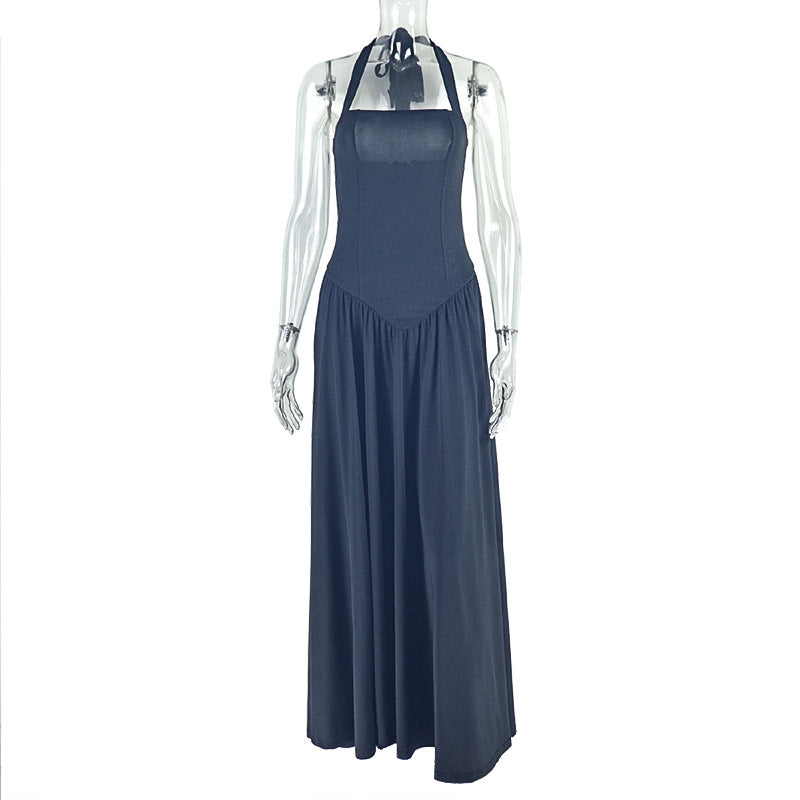 Women Clothing Office Fitted Waist Pleated A line Halter Sleeveless Long Solid Color Dress