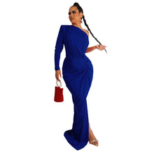 Load image into Gallery viewer, Women Clothing Autumn Oblique Shoulder Pleated Solid Color Dress Maxi Dress