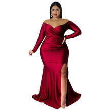 Load image into Gallery viewer, Plus Size Women Clothes Sexy Dress Nightclub V neck Formal Dress Solid Color Split Maxi Dress Autumn Winter Women