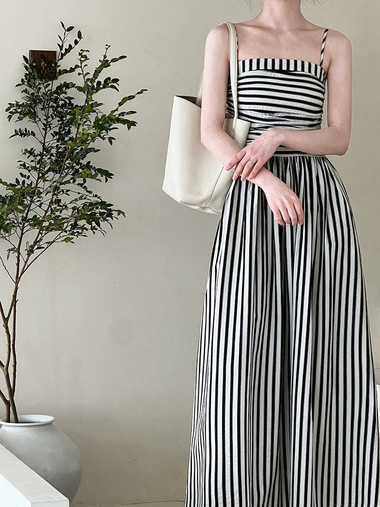 French Striped Bandeau Sling Dress Women High Grade off the Shoulder Pleated Waist Tight A line Long Summer