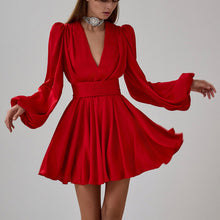 Load image into Gallery viewer, French Pleated Dress Women Puff Sleeve V neck Waist Seal Slimming Satin A line Dress