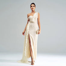Load image into Gallery viewer, High Class Elegant Sleeveless One Shoulder Cold Shoulder Cocktail Sheath Sequined Split Evening Dress