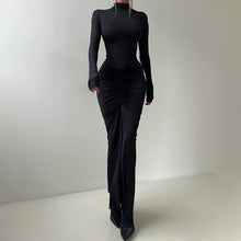Load image into Gallery viewer, Women Clothing Autumn Solid Color Elegant Slim Slimming Pleated Turtleneck Long Sleeve Dress