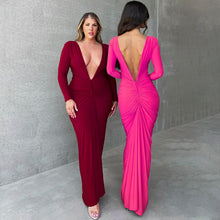 Load image into Gallery viewer, Women Clothing Summer Sexy V neck Slim Pleated Solid Color Long Sleeve Dress