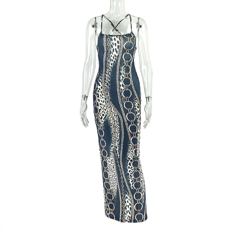Women Wear Slit Slim Fitting Printed Hip Backless Sling Sleeveless Sleeve Length Dress