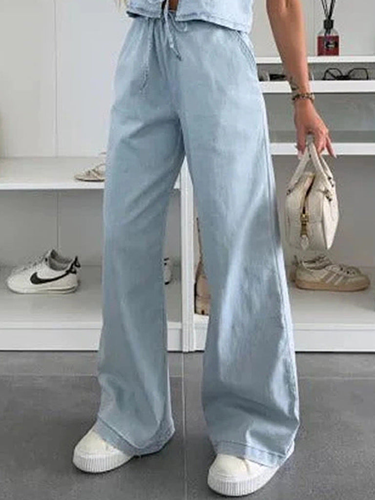 Women Spring Summer Sleeveless Lace up Vest Lace up Wide Leg Jeans Denim Set