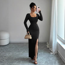 Load image into Gallery viewer, Spring U Collar Solid Color Slim Fit Slimming Knitted Long Sleeve Split Dress