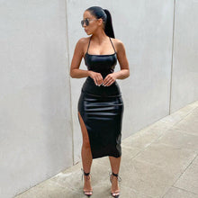 Load image into Gallery viewer, Arrival Faux Leather Night Club Sexy Backless Lace up Solid Color Personalized Split Sling Dress