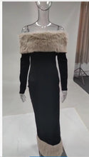 Load image into Gallery viewer, Women Clothing Autumn Winter Fur Collar off Neck Long Sleeve Slim Fit Evening Dress