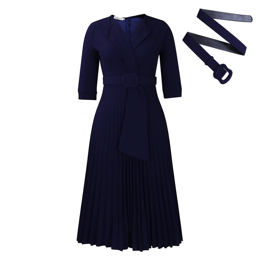 Autumn Winter Women Clothing Office Tailored Collar Pleat Waisted Dress