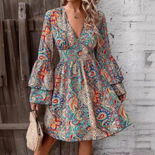 Load image into Gallery viewer, Autumn Winter Elegant Women Floral Print V neck Flare Sleeve Dress