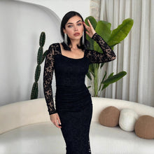 Load image into Gallery viewer, Autumn Winter Women Clothing Fashionable Elegant Lace Stitching Square Collar Slimming Pleated Maxi Dress