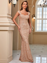 Load image into Gallery viewer, Middle East Solid Color U Collar Sequined Strap High Waist Evening Dress Fishtail Dress Maxi Dress