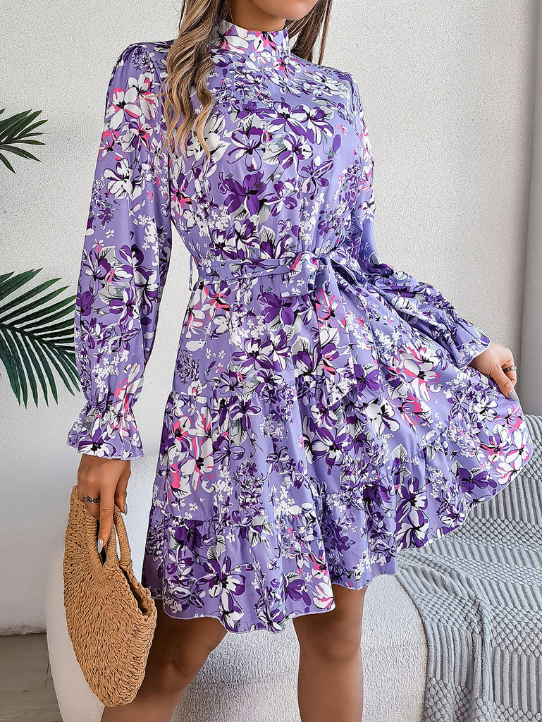 Real Shot Autumn Winter Elegant Stand Collar Floral Waist Controlled Long Sleeves Ruffled A line Dress Women Clothing