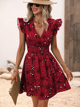 Load image into Gallery viewer, Women Clothing Summer V neck Tight Waist Sexy Large Floral Ruffled Sleeveless Dress