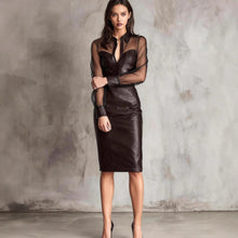 Load image into Gallery viewer, Nightclub Sexy Mesh Faux Leather Stitching Slim V neck Design Sheath Dress