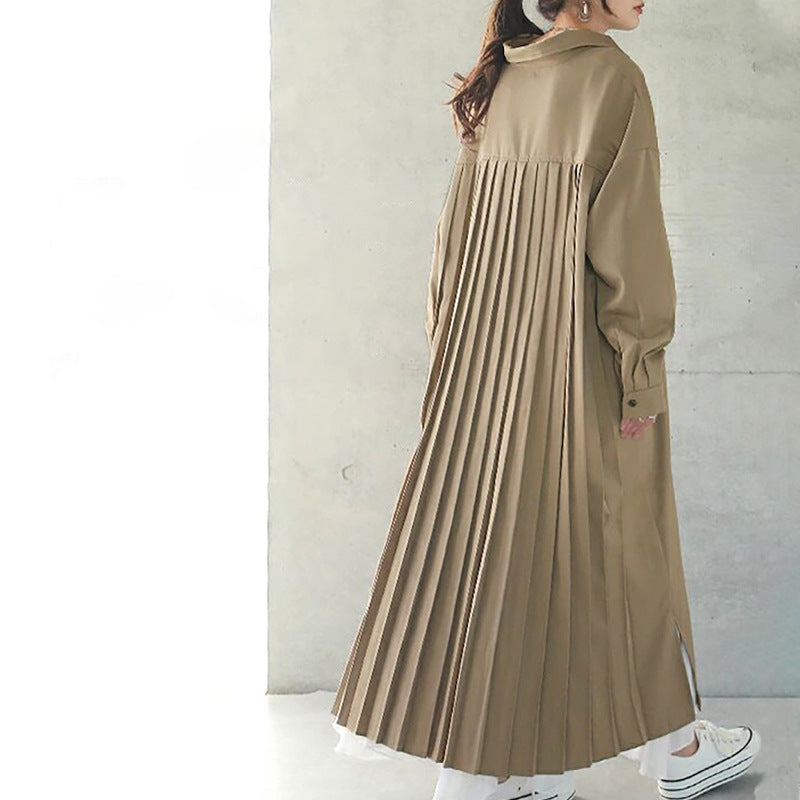 Spring Autumn Loose Overknee Dress Women Casual Large Version Back Pleated Long Shirt Dress