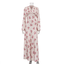 Load image into Gallery viewer, Women Clothing Spring Autumn Elegant Printed Satin Dress V neck Long Sleeve Lace up High Grade Dress