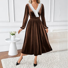 Load image into Gallery viewer, Autumn Winter Maxi Dress Stitching Lace V neck Long Sleeve Velvet Dress Women
