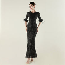 Load image into Gallery viewer, Positioning Floral Sequin Craft Order Ostrich Feather Decorative Evening Dress Long Sleeve Fishtail Cinched Peplum