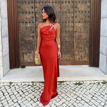 Load image into Gallery viewer, Sexy Slit Mesh Stitching One Shoulder Dress Maxi Dress Women Autumn Clothing