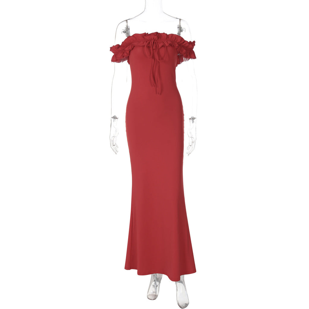 Summer Women Clothes off Neck Wooden Ear Stitching Tied Slim Tube Top Dress Women