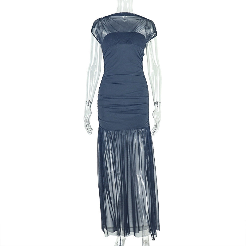 Elegant Slim Women Clothing Solid Color Splicing Package Hip Dress Sleeveless Turtleneck Pleated Office Length Dress