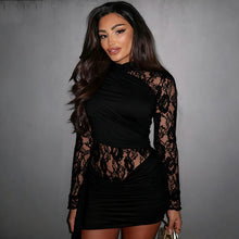 Load image into Gallery viewer, Women Clothing Autumn Winter Solid Color Stitching Lace round Neck Slim Fit Long Sleeved Ribbon Short Dress