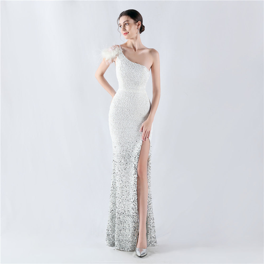 Dress Gradient Velvet Bottom Sequin Craft Order Ostrich Feather One Shoulder Diagonal Collar High Fork Evening Dress