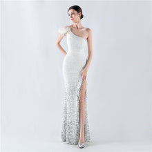 Load image into Gallery viewer, Dress Gradient Velvet Bottom Sequin Craft Order Ostrich Feather One Shoulder Diagonal Collar High Fork Evening Dress