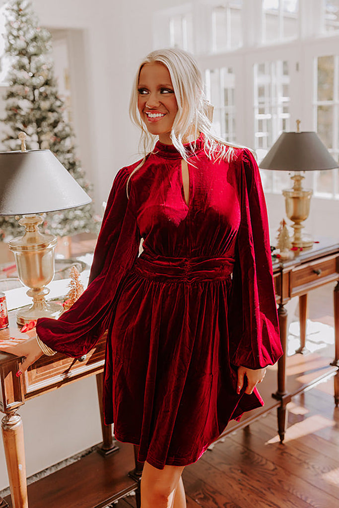 Women Clothing Velvet Christmas Dress Autumn Winter Sexy Cutout Waist Controlled Long Sleeves Dress