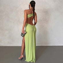 Load image into Gallery viewer, Sloping Shoulder Dress Solid Color Pullover Sexy Backless Evening Dress Long Socialite Split