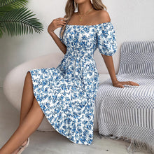 Load image into Gallery viewer, Spring Summer Floral Square Collar Short Sleeve Waist Controlled Ruffled A line Women Clothing