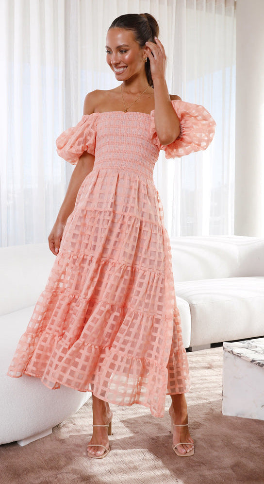 Women One Neck Lantern Sleeve Layer Stitching Dress